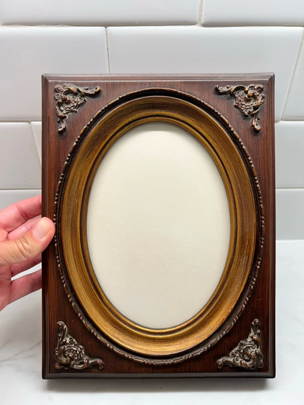 Vintage 1970 Oval Picture Frame Faux Wood & Gold Ornate 8x10 Decor